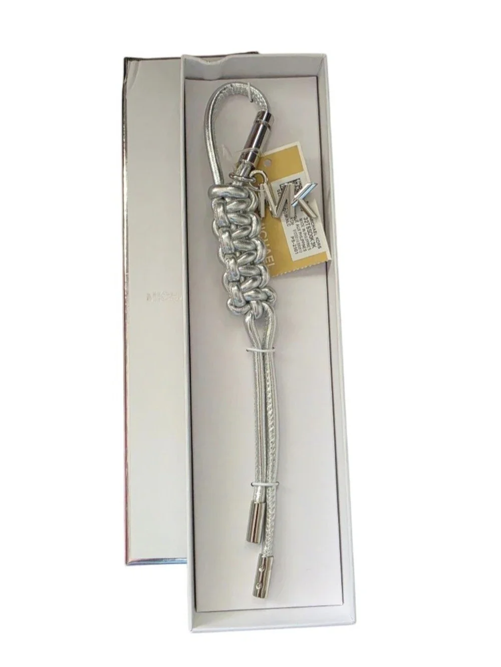 Michael Kors Silver Braided Leather Keyring with MK Charm